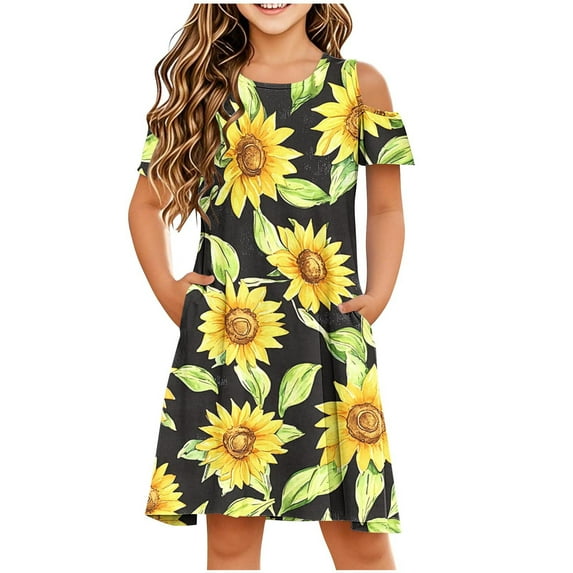 Dvprdro Girls Casual Dress Summer Floral Short Sleeve Cold Shoulder Swing Stretchy Flowy A Line Dress with Pockets