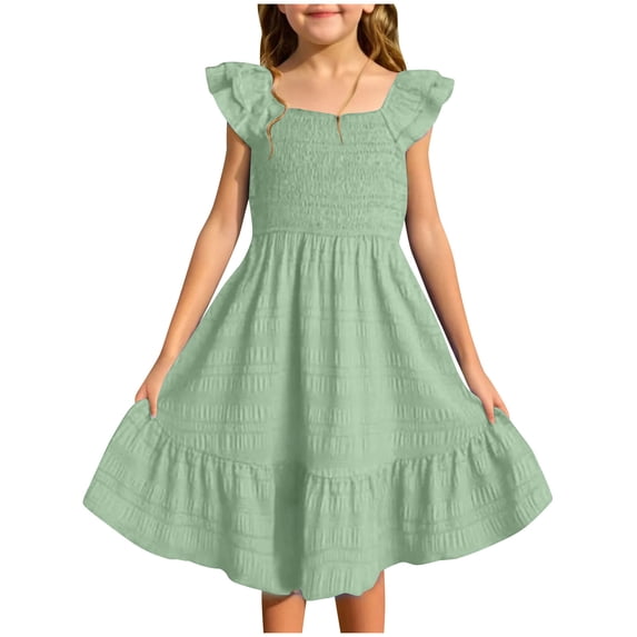 Dvprdro Girls' Summer Dresses Fashion Solid Double Layer Ruffle Sleeve Smocked Flowy Tiered Pleated Cute Party Dress for Children