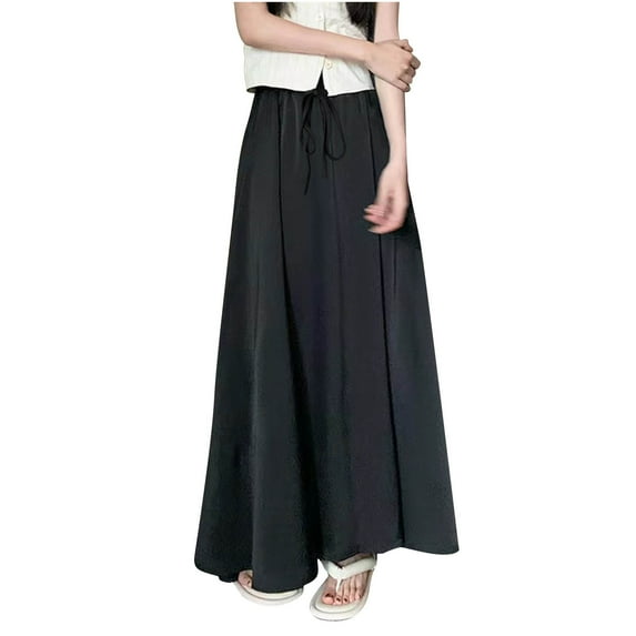 Dvprdro Plus Size Midi Skirts for Women Summer Fashion High Elastic Waist Drawstring Flowy Casual A-line Skirt Black Sizes M