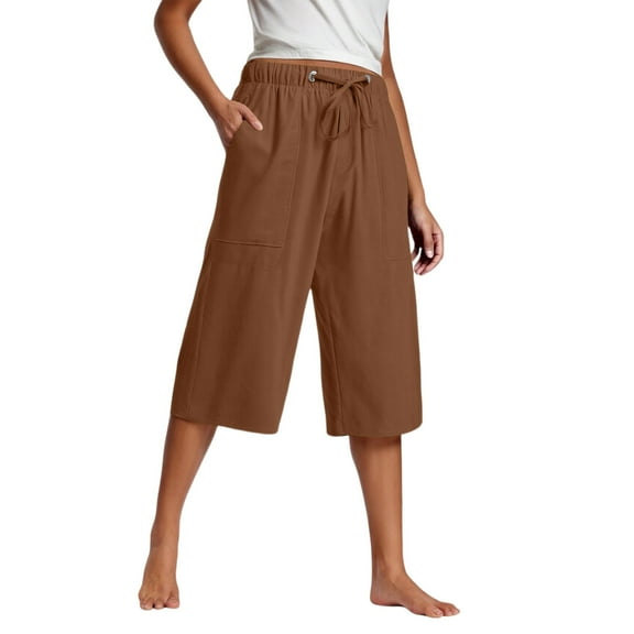 Dvprdro Summer Casual Solid Pleated Shorts for Women Fashion Comfortable Drawstring Elastic Waist Wide Leg Pockets Lounge Capri Shorts Brown Sizes 2XL