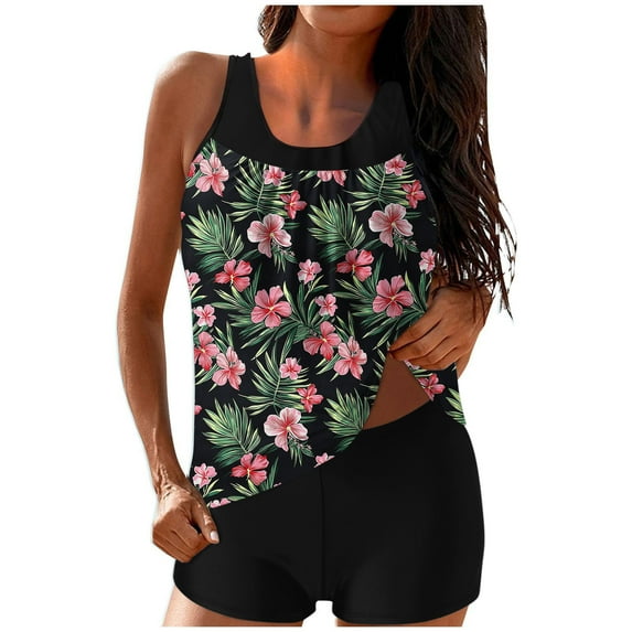 Dvprdro Tankini Swimsuits for Women Fashion Floral Printed Swim Tank Tops with Shorts Modest Bathing Suit Army Green S