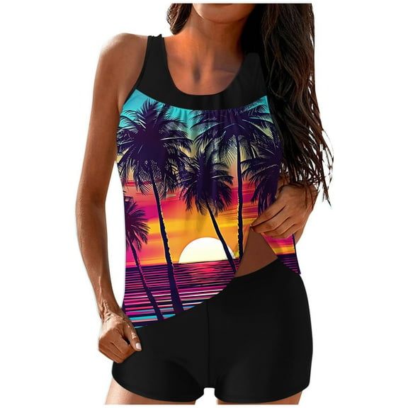 Dvprdro Tankini Swimsuits for Women Fashion Floral Printed Swim Tank Tops with Shorts Modest Bathing Suit Purple XL