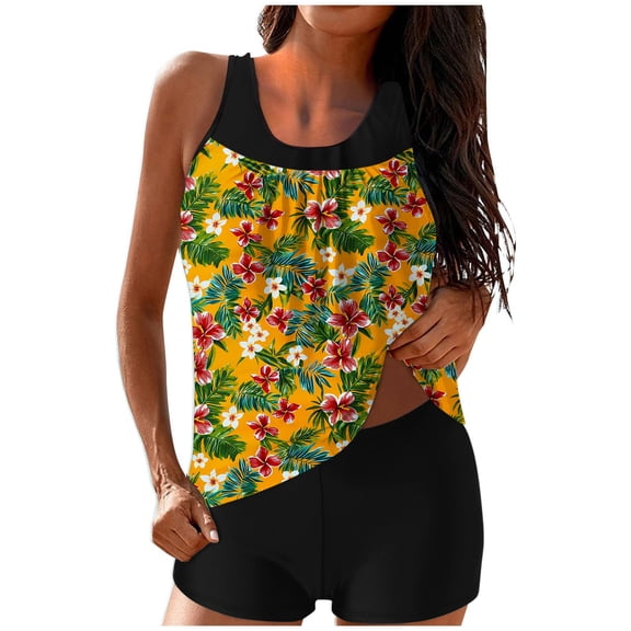 Dvprdro Tankini Swimsuits for Women Fashion Floral Printed Swim Tank Tops with Shorts Modest Bathing Suit Yellow L