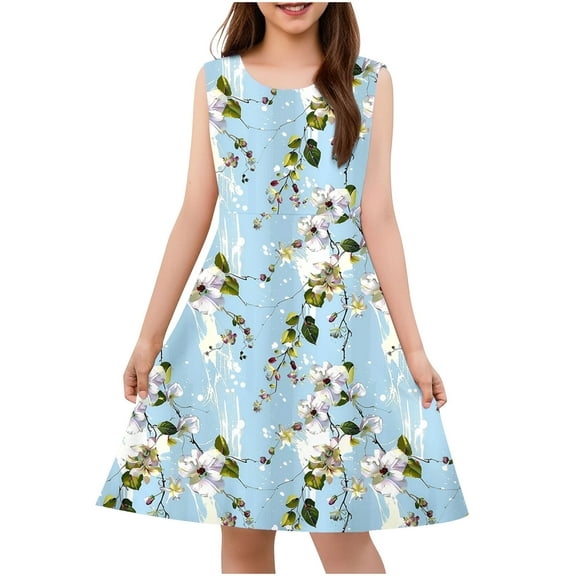 Dvprdro Toddler Kids Girls Casual Tank Dress Fashion Floral Printed Crew Neck Sleeveless Flowy A Line Dress