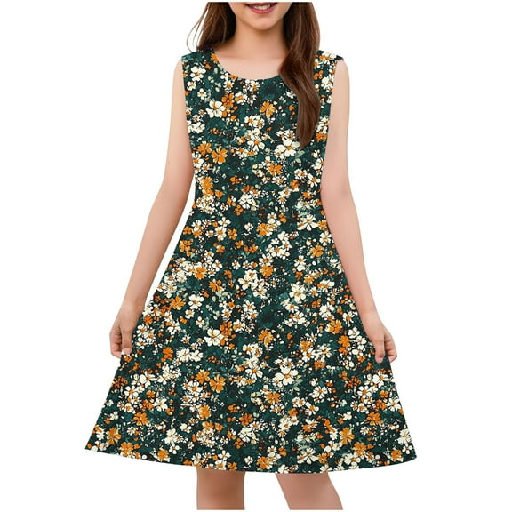Dvprdro Toddler Kids Girls Casual Tank Dress Fashion Floral Printed Crew Neck Sleeveless Flowy A Line Dress