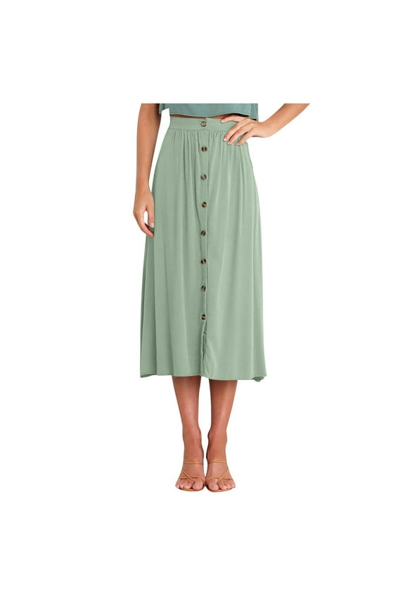 Women Casual Solid Button Down Skirts Summer Fashion Elastic Waist Loose Midi Beach Skirt Mint Green Sizes XL