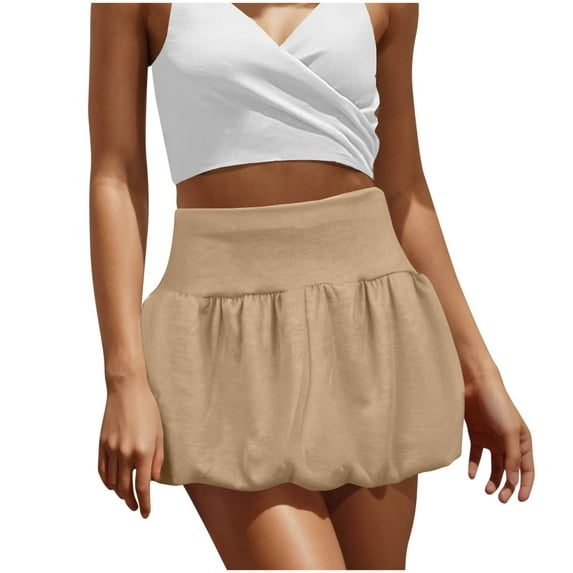 Dvprdro Women Mini Skirt Summer Fashion High Waist Puffy Short Skirt Casual Ruffle Flared A-Line Beach Skirt Khaki Sizes XL