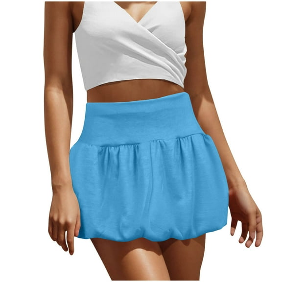 Dvprdro Women Mini Skirt Summer Fashion High Waist Puffy Short Skirt Casual Ruffle Flared A-Line Beach Skirt Light Blue Sizes L