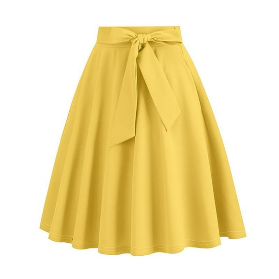 Dvprdro Women's Basic Versatile Stretchy Flared Casual Mini Skater Skirt Fashion Casual A Line Tie Beach Skirts Yellow Sizes 2XL