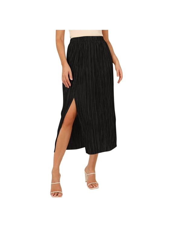 Women's Summer Solid Casual Split Skirt Casual Elastic Waist Skirt with Side Slit Flowy A-Line Midi Skirt Black Sizes L