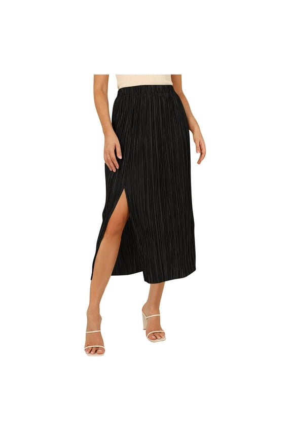 Women's Summer Solid Casual Split Skirt Casual Elastic Waist Skirt with Side Slit Flowy A-Line Midi Skirt Black Sizes XL
