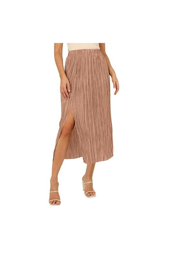 Women's Summer Solid Casual Split Skirt Casual Elastic Waist Skirt with Side Slit Flowy A-Line Midi Skirt Pink Sizes L