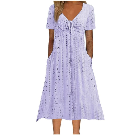 Summer Savings!Dvprdro Womens Summer Dress with Tie Fashion Casual Loose Solid V Neck Short Sleeve Hollow Pleated Flowy Beach Sun Midi Dress with Pockets for Women