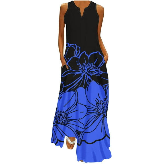 Enjoytime Beach Dresses for Women Fashion Sleeveless V Neck Tank Sundress with Pocket Flowy Comfy Loose Women Casual Maxi Long Dresses