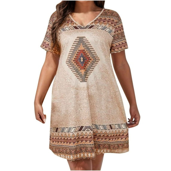 Enjoytime Boho Dresses for Women 2025 Casual Short Sleeved V-Neck Dress Ruffle Retro Leisure Hawaiian Travel Causal Women Plus Size Beach Dresses