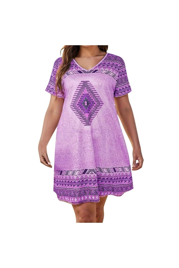 Boho Dresses for Women 2025 Casual Short Sleeved V-Neck Dress Ruffle Retro Leisure Hawaiian Travel Causal Women Plus Size Beach Dresses