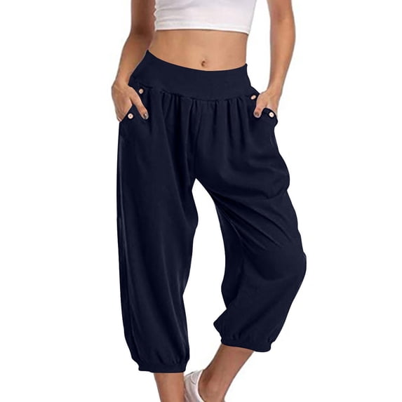 Enjoytime Cropped Pants for Women Summer Comfy Button Loose Yoga Pants Lounge Running Workout Sport Women's Capri Pants with Pockets