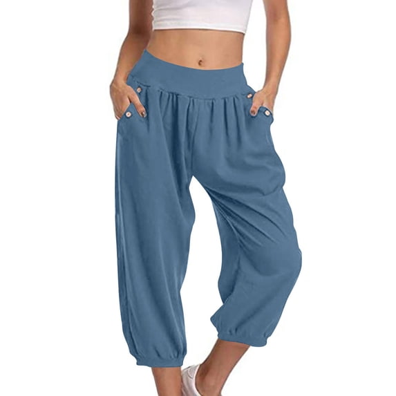 Summer Savings! Enjoytime Cropped Pants for Women Summer Comfy Button Loose Yoga Pants Lounge Running Workout Sport Women's Capri Pants with Pockets