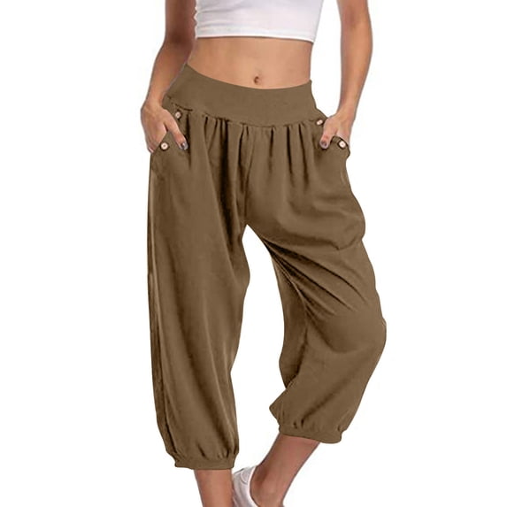 Summer Savings! Enjoytime Cropped Pants for Women Summer Comfy Button Loose Yoga Pants Lounge Running Workout Sport Women's Capri Pants with Pockets