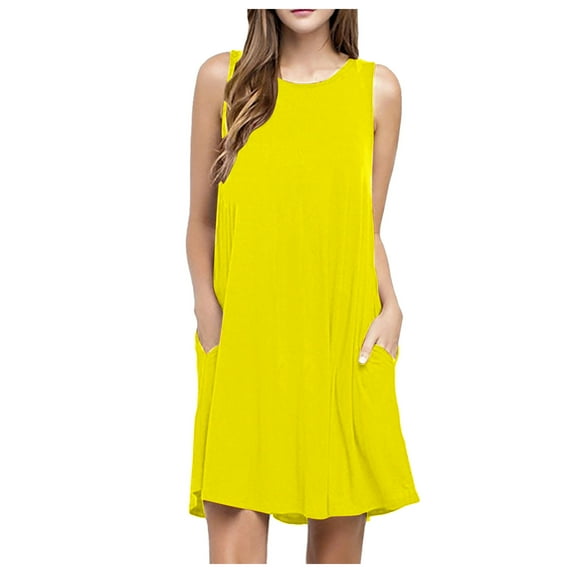 Summer Savings! Enjoytime Dresses for Women 2024 Pockets Sleeveless Pleated Flowy Mini Dress Solid Color Beach Sundresses Loose Women's Casual Dresses