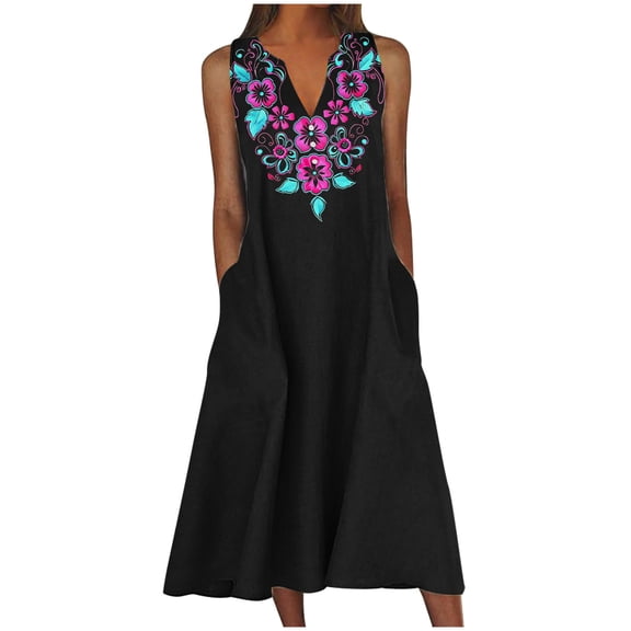 Enjoytime Midi Dresses for Women 2025 V-Neck Sleeveless Flower Printed Midi Dresses with Pockets Button Flowy Women Casual Dresses