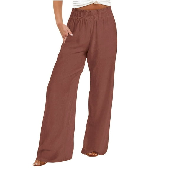 Summer Savings! Enjoytime Palazzo Pants for Women Casual Plus Size Elastic Waist Wide Leg Pants with Pockets Cotton Linen Casual Loose Fit Pants Trosuers Women