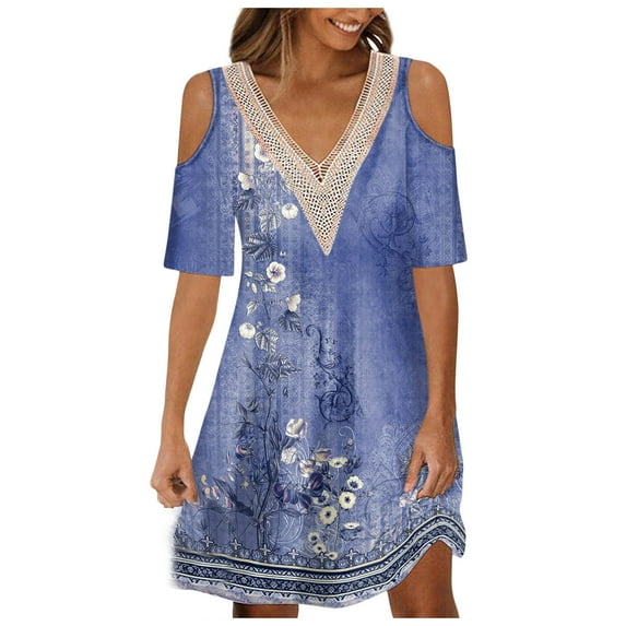 Summer Savings! Enjoytime Plus Size Beach Dresses for Women V-Neck Cold Shoulder Floral Printed Mini Dress Flowy Smocked Party Seaside Women's Summer Holiday Dress 2024
