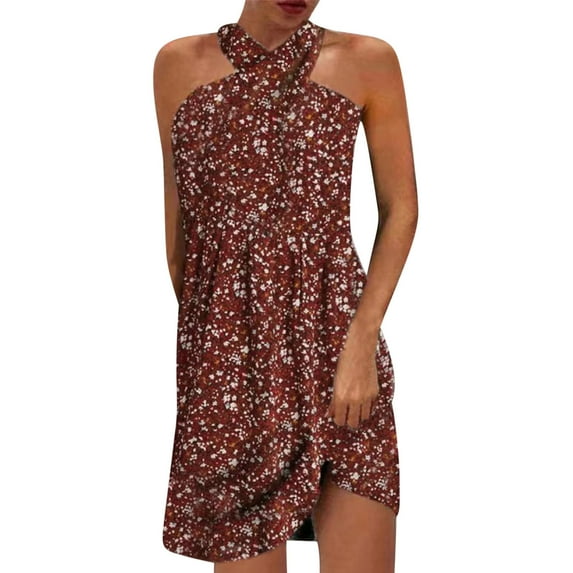 Summer Savings! Enjoytime Plus Size Dresses for Women Fashion Sexy Casual Sleeveless Dress Boho Flower Print Mini Hanging Neck Women Summer Dresses