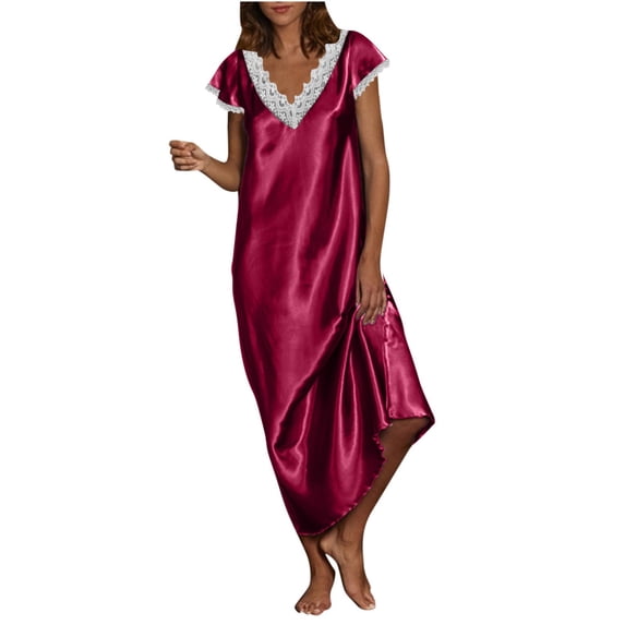 Enjoytime Plus Size Flowy Dresses for Women Fashion V-Neck Satin Maxi Dress Short Sleeve Lace Patch Loose Flowy Summer Dresses for Women