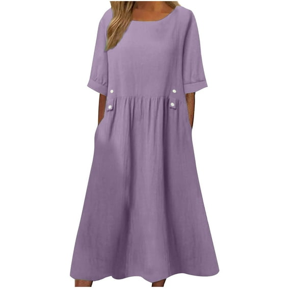 Summer Savings! Enjoytime Women's Summer Dresses Outfits 2024 Solid Color Round Neck Dress with Pocket Cotton and Linen Button Down Loose Flowy Women Plus Size Beach Dresses