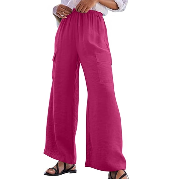 Summer Savings! Enjoytime Women's Wide Leg Pants with Drawstring Elastic Waist Comfy Loose Palazzo Pants with Pockets Solid Casual Pants for Women