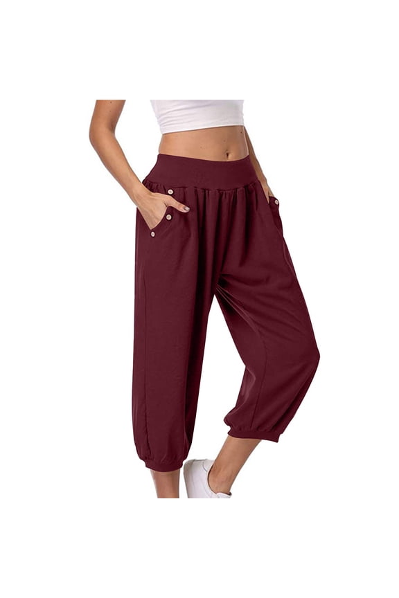 Womens Capri Pants Comfy Loose Elastic Waisted Yoga Crop Pants with Pockets Summer Athletic Sportwear Running Workout Sweat Pants for Womens