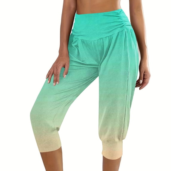 Enjoytime Womens Capri Pants with Pockets Fashion Color Block Elastic Waisted Ruched Loose Workout Cropped Pants for Women Summer Casual