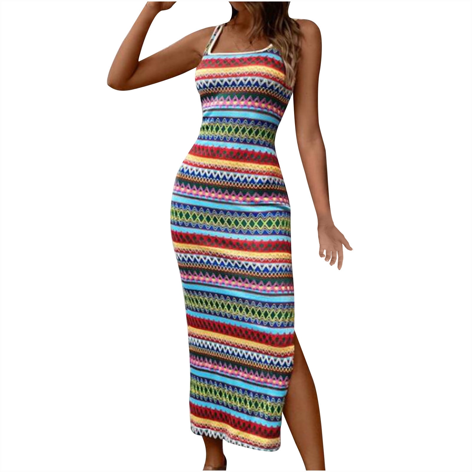 Enjoytime Womens Casual Color Block Dresses Stripe Printed Sleeveless Spaghetti Strap Summer Beach Dress Fashion Tight Long Maxi Dress for Women 2025