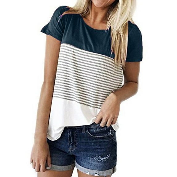 Summer Savings Evergreen Lenago Womens Tops Summer Rounk Neck Triple Color Block Stripe T-Shirt Short Sleeve Blouse T-Shirt Causal Printing Soft Tops
