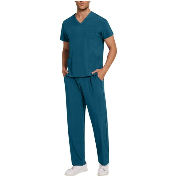 Summer Savings!FRSASU Scrub Suit Set for Men Modern V-Neck & Tapered Leg Jogger Pants Nursing Uniforms Set Navy M
