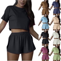 Fashion 2 Piece Outfits for Women Casual Solid Color Short-sleeved Shorts Set Short-sleeved Crew-neck Top/shirt Set