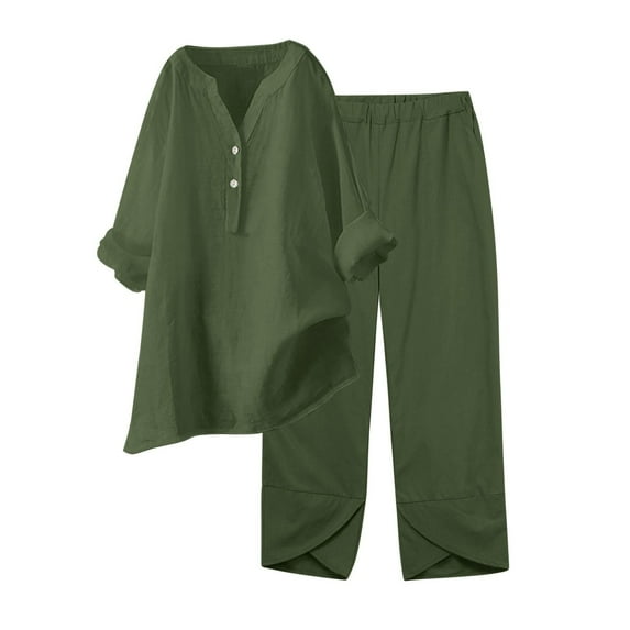Fashion 2 Piece Outfits for Women Cotton And Linen Solid Color Button Long Sleeved Top+pants Long Sleeved V-neck Top/shirt Set