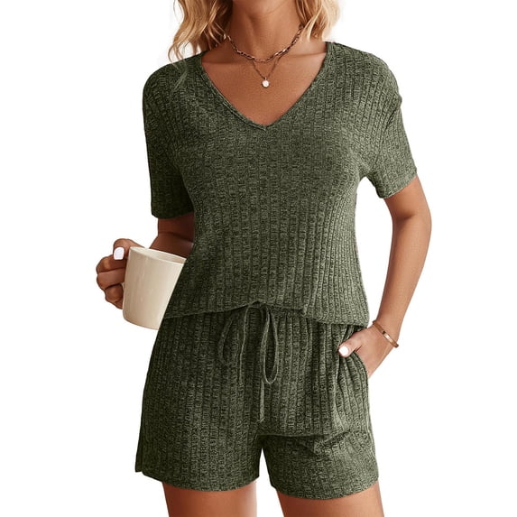 Fashion 2 Piece Outfits for Women V Neck Short Sleeve Blouse +Loose Pockets Pants Sets