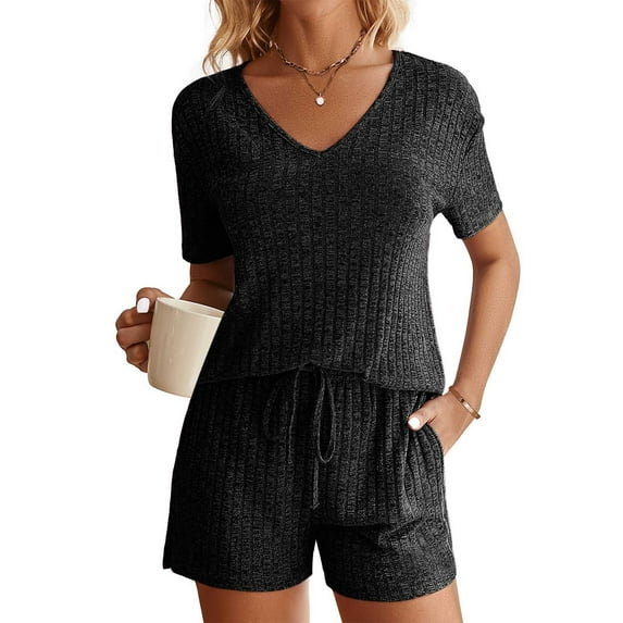 Fashion 2 Piece Outfits for Women V Neck Short Sleeve Blouse +Loose Pockets Pants Sets