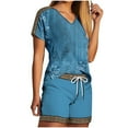 thumbnail image 1 of Fashion 2 Piece Outfits for Women V-Neck Shorts Sleeve Two-piece Comfortable Home Pajamas Set Sports Set, 1 of 5