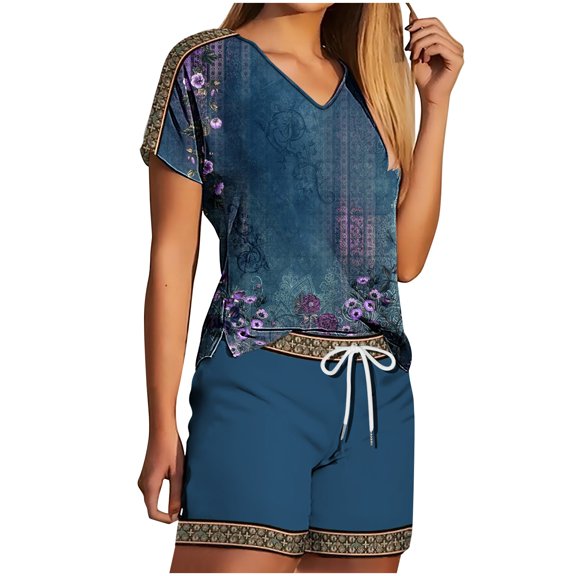 Fashion 2 Piece Outfits for Women V-Neck Shorts Sleeve Two-piece Comfortable Home Pajamas Set Sports Set