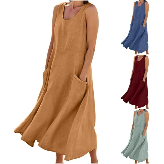 Fashion Dresses for Womens 2025 Plus Size Casual Solid Color Sleeveless Cotton Linen Long Dress