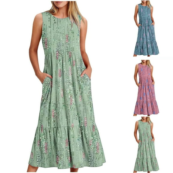 Fashion Dresses for Womens 2025 Plus Size Round Neck Sleeveless Printed Dress