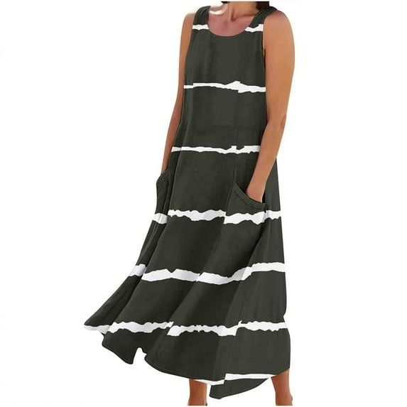 Fashion Dresses for Womens 2025 Plus Size Sleeveless And Linen Round Neck Printed Long Dress