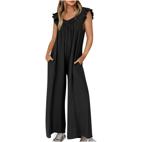 Fashion Jumpsuits for Women Dressy Plus Size Solid Color Casual Neck Sleeveless Belted High Waist Long Pants Rompers