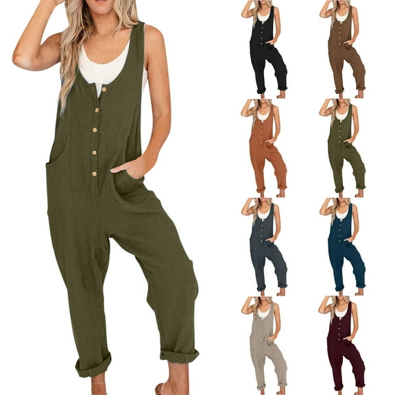 Fashion Jumpsuits for Women Dressy Plus Size Solid Color High Waist Solid Button Pocket Jumpsuit Casual Loose Blackless Jumpsuit