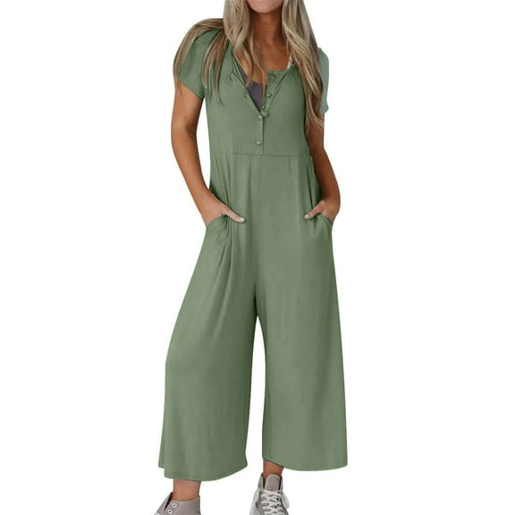 Fashion Jumpsuits for Women Dressy Plus Size Solid Color Short-Sleeved Casual Wide-Leg Jumpsuit With Button Pockets