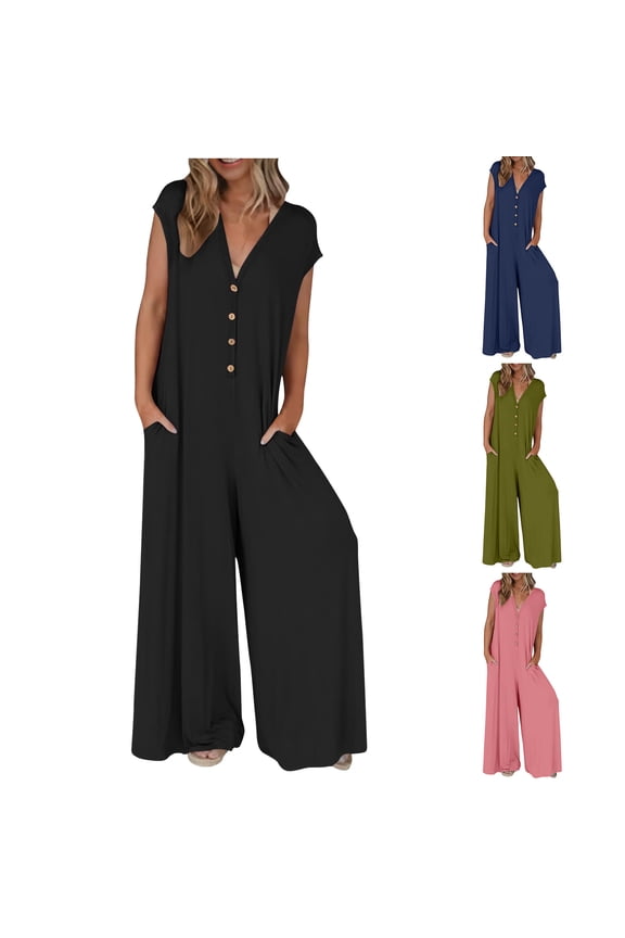Fashion Jumpsuits for Women Dressy Plus Size Solid Color Short-Sleeved Casual Wide-Leg Jumpsuit With Button Pockets
