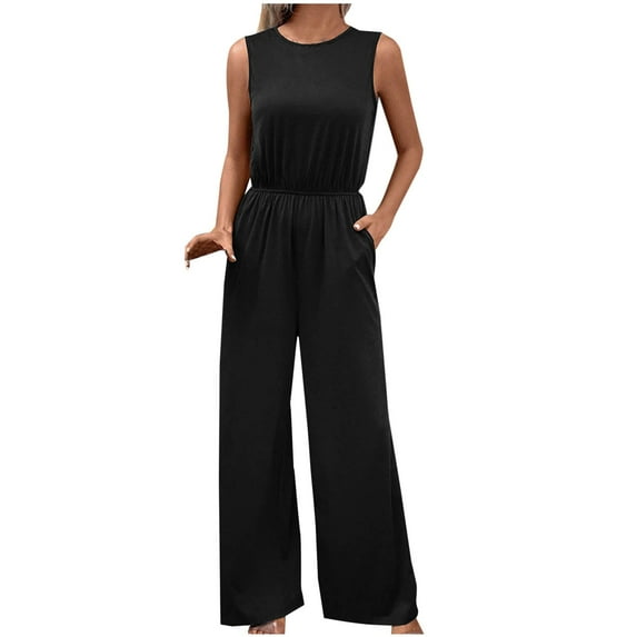 Fashion Jumpsuits for Women Dressy Plus Size Solid Color Sleeveless High Waist Slightly Elastic Jumpsuit